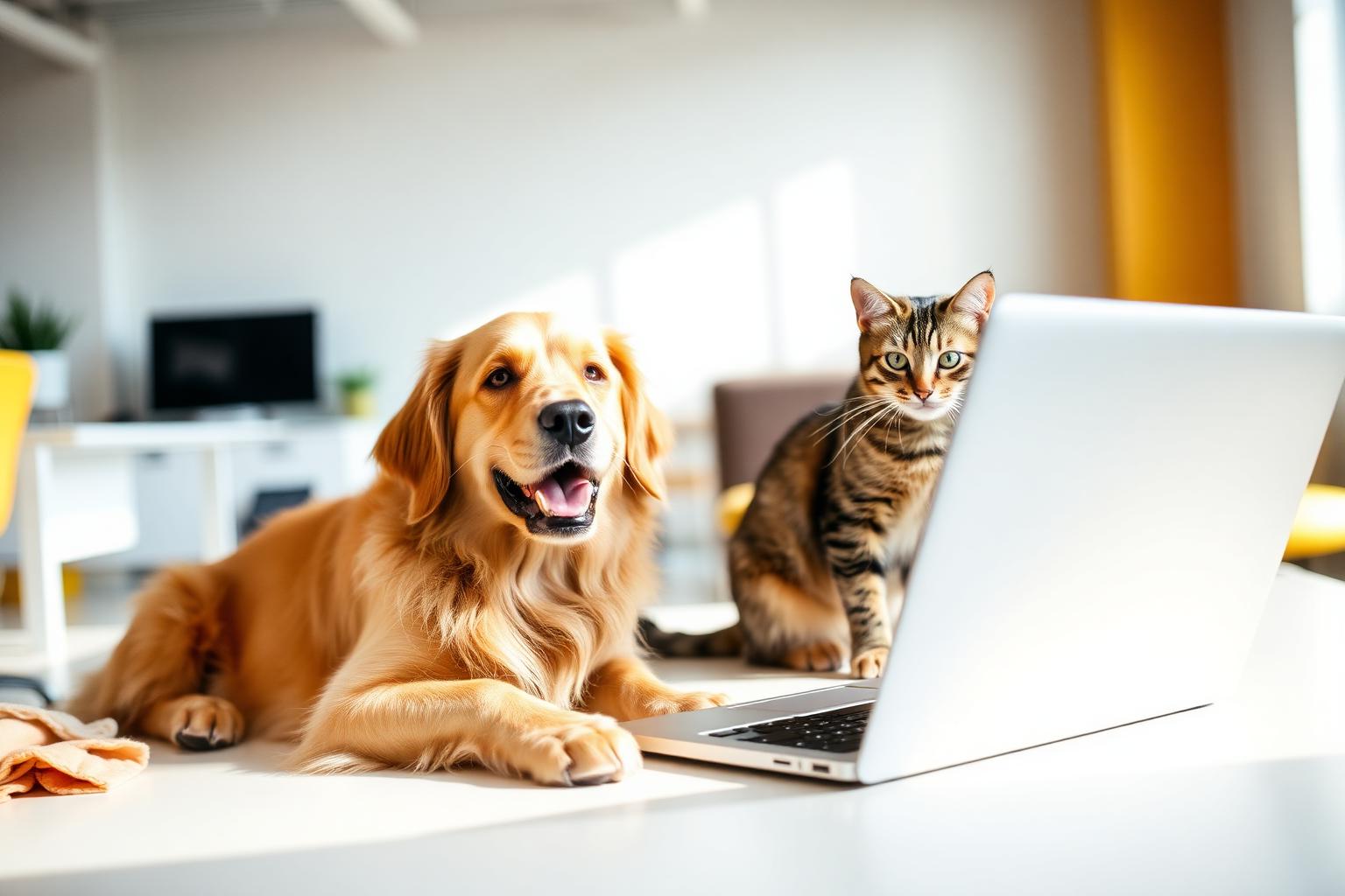 A golden retriever and tabby cat working alongside a laptop